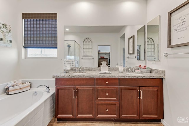 full bathroom featuring a sink, double vanity, a shower stall, and a bath