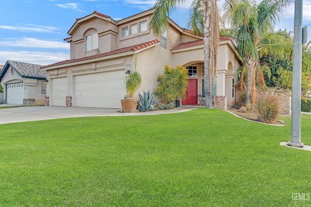 view of front of house featuring a front lawn and a garage