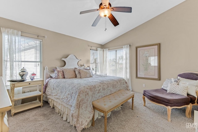 bedroom featuring carpet, ceiling fan, and lofted ceiling