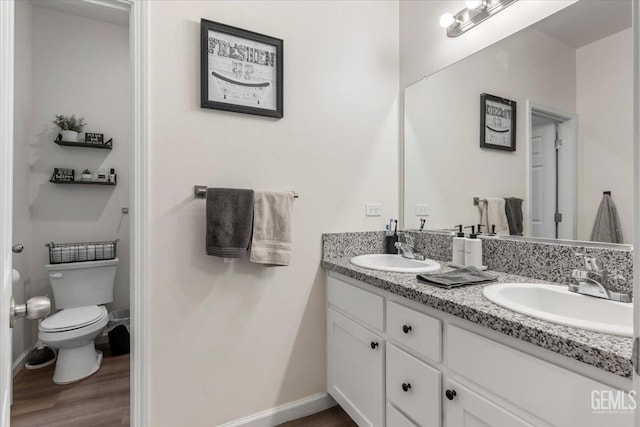 bathroom featuring toilet, vanity, and hardwood / wood-style floors