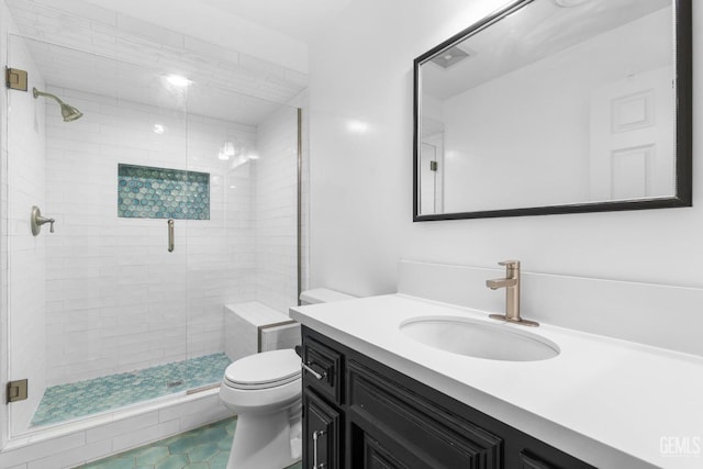 bathroom featuring a stall shower, visible vents, vanity, and toilet