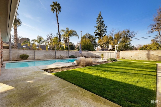 view of swimming pool featuring a fenced backyard, a fenced in pool, and a lawn