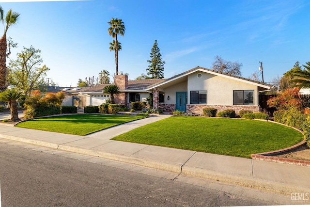 single story home featuring an attached garage, brick siding, driveway, stucco siding, and a front lawn