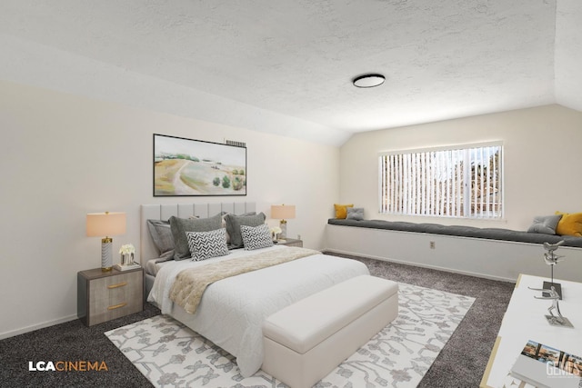 bedroom featuring a textured ceiling, dark carpet, and vaulted ceiling