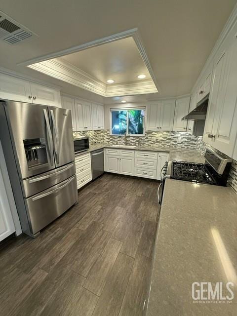 7009 Quailwood Dr, Bakersfield, CA 93309 - kitchen featuring stainless steel appliances, a tray ceiling, under cabinet range hood, decorative backsplash, and white cabinets