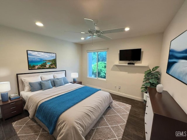 7009 Quailwood Dr, Bakersfield, CA 93309 - bedroom with recessed lighting, ceiling fan, and dark wood-type flooring