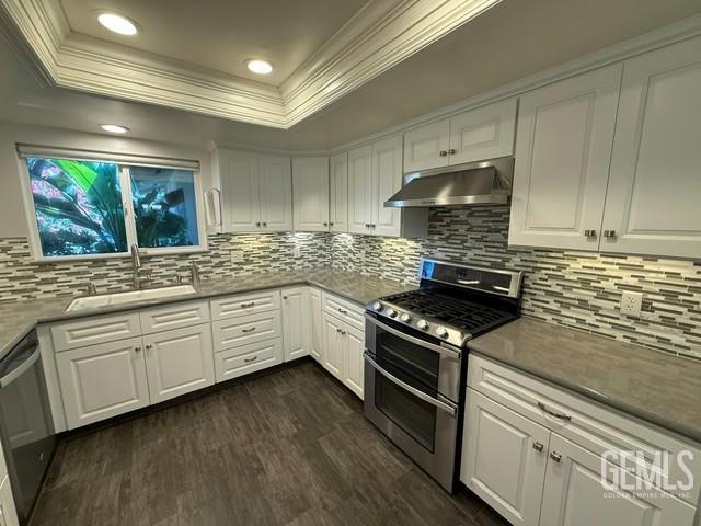 7009 Quailwood Dr, Bakersfield, CA 93309 - kitchen featuring stainless steel appliances, under cabinet range hood, crown molding, white cabinetry, and dark wood-type flooring