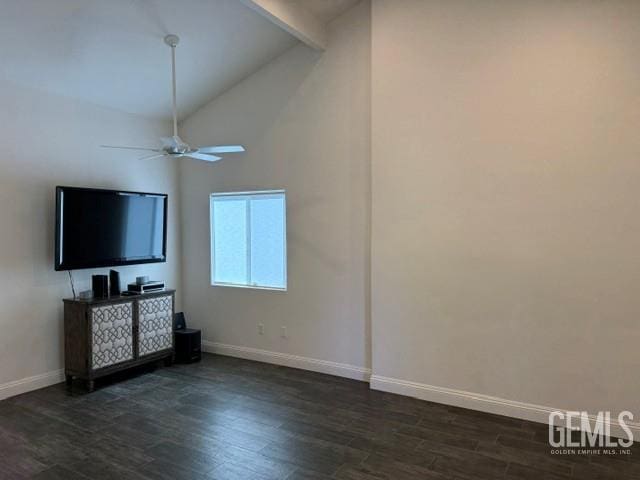 7009 Quailwood Dr, Bakersfield, CA 93309 - unfurnished living room with a ceiling fan, dark wood-style floors, beam ceiling, and high vaulted ceiling
