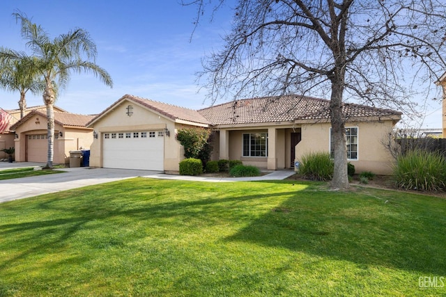 mediterranean / spanish-style home with a tile roof, stucco siding, concrete driveway, a garage, and a front lawn