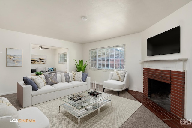 2109 Custer Ave, Bakersfield, CA 93304 - carpeted living room with a fireplace, baseboards, and ceiling fan