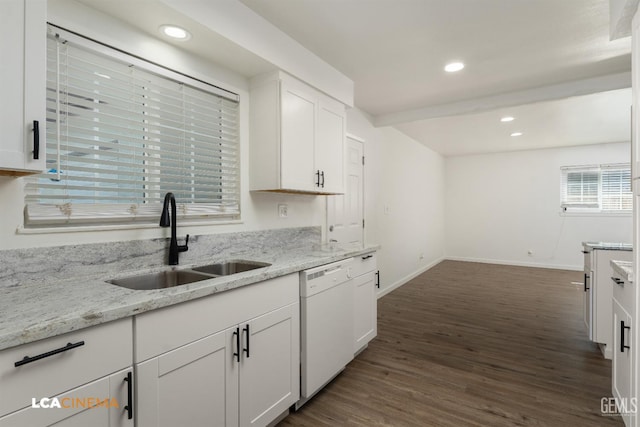 2109 Custer Ave, Bakersfield, CA 93304 - kitchen with dishwasher, a sink, dark wood finished floors, white cabinets, and baseboards