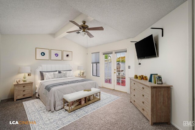 carpeted bedroom featuring lofted ceiling with beams, ceiling fan, access to outside, and a textured ceiling