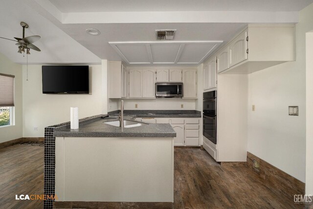 kitchen with ceiling fan, dark hardwood / wood-style flooring, sink, and black appliances