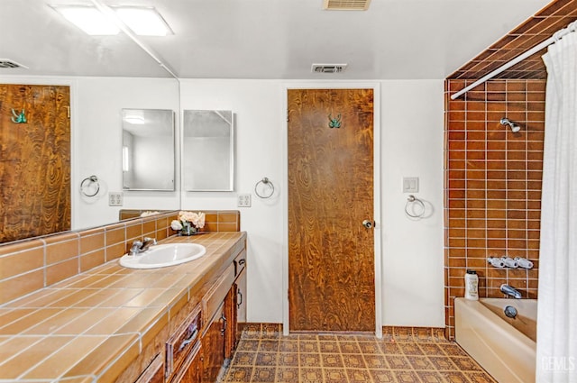 7701 Shetland Dr, Bakersfield, CA 93309 - full bathroom featuring vanity, shower / bathtub combination with curtain, and tasteful backsplash