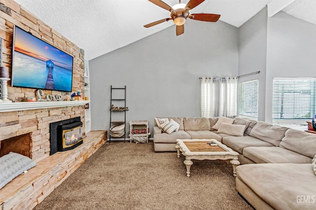 7701 Shetland Dr, Bakersfield, CA 93309 - living room with a ceiling fan, carpet floors, high vaulted ceiling, and a fireplace