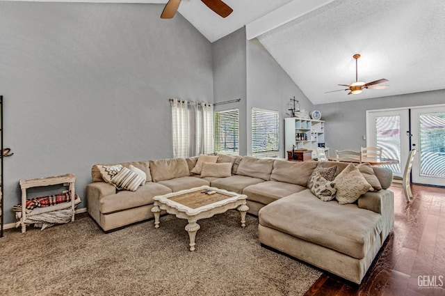 7701 Shetland Dr, Bakersfield, CA 93309 - living room featuring a ceiling fan, beam ceiling, high vaulted ceiling, and wood finished floors