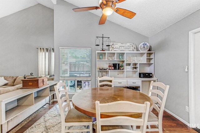 7701 Shetland Dr, Bakersfield, CA 93309 - dining area featuring vaulted ceiling, a ceiling fan, wood finished floors, and a textured ceiling
