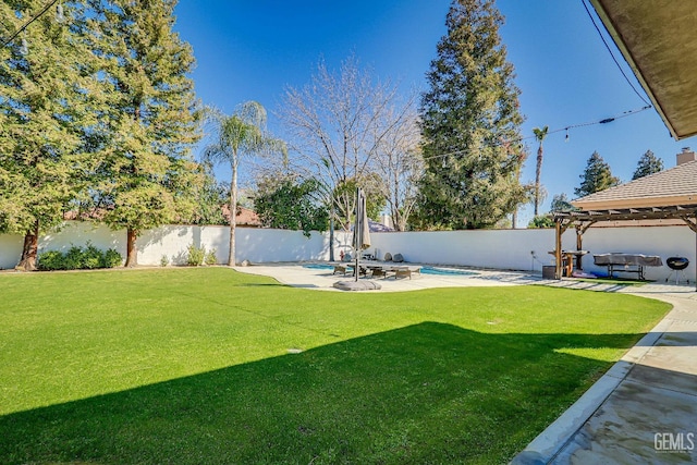 view of yard featuring a patio, a fenced backyard, and a fenced in pool