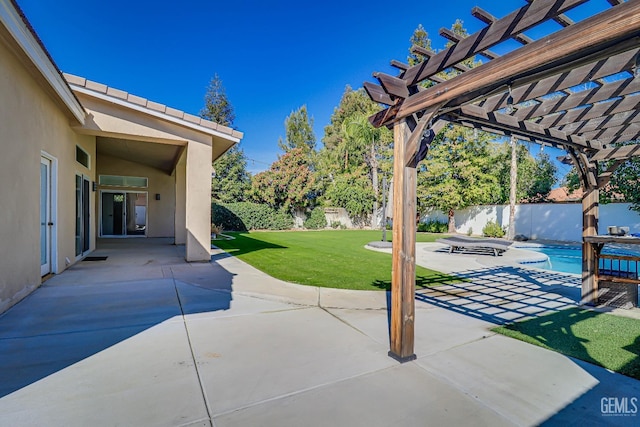 view of patio with a fenced in pool, fence, and a pergola