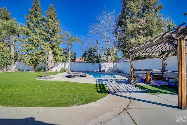 view of pool with a yard, a patio, a fenced backyard, and a pergola