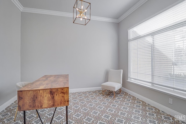 sitting room featuring baseboards, a healthy amount of sunlight, a chandelier, and ornamental molding