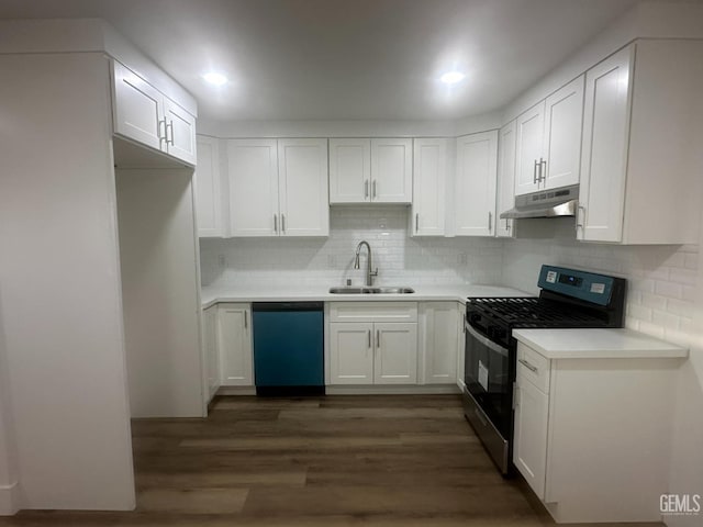 kitchen with under cabinet range hood, a sink, white cabinetry, stainless steel gas stove, and dishwasher