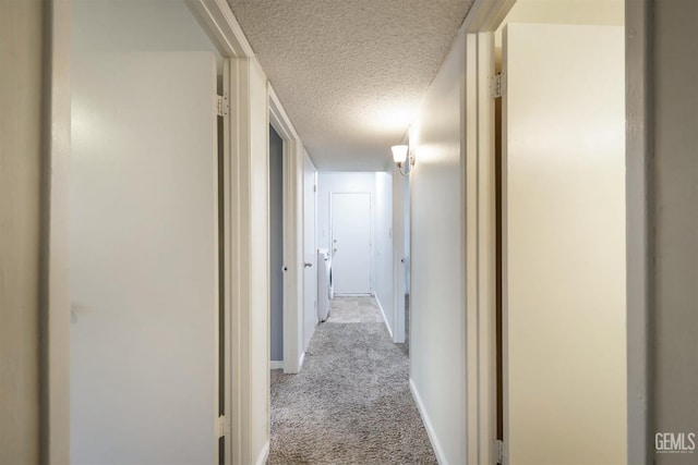 hall featuring light carpet and a textured ceiling