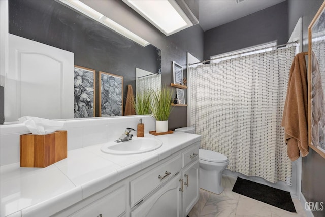 6707 Park W Cir, Bakersfield, CA 93308 - full bath with vanity, marble look tile flooring, and a shower with shower curtain
