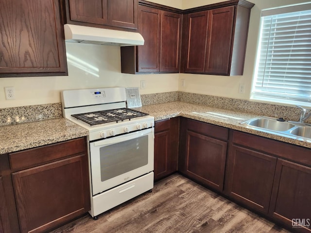 kitchen featuring white gas stove, dark hardwood / wood-style flooring, light stone counters, and sink