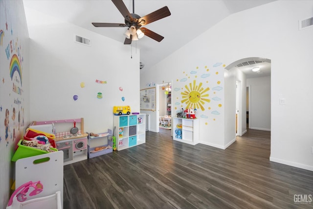 4715 Peacock Ct, Bakersfield, CA 93313 - rec room featuring lofted ceiling, arched walkways, a ceiling fan, wood finished floors, and baseboards