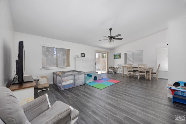 4715 Peacock Ct, Bakersfield, CA 93313 - living room with ceiling fan, lofted ceiling, wood finished floors, and baseboards