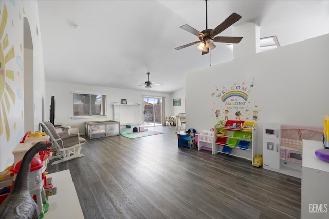 4715 Peacock Ct, Bakersfield, CA 93313 - rec room with a ceiling fan, dark wood-type flooring, and lofted ceiling