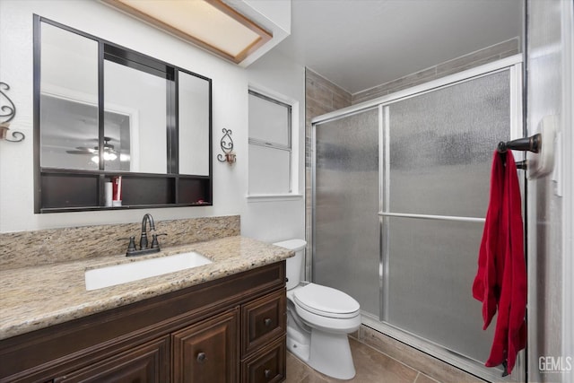 4715 Peacock Ct, Bakersfield, CA 93313 - full bathroom with vanity, toilet, a shower stall, and tile patterned floors