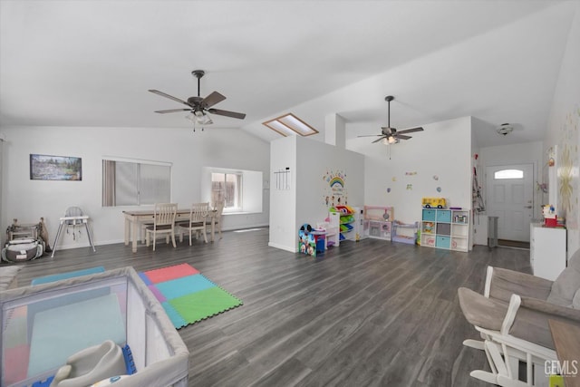 4715 Peacock Ct, Bakersfield, CA 93313 - rec room featuring a ceiling fan, vaulted ceiling, wood finished floors, and baseboards