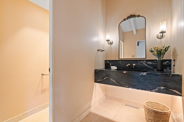 2221 Myrtle St, Bakersfield, CA 93301 - bathroom featuring lofted ceiling with beams, baseboards, and tile patterned flooring