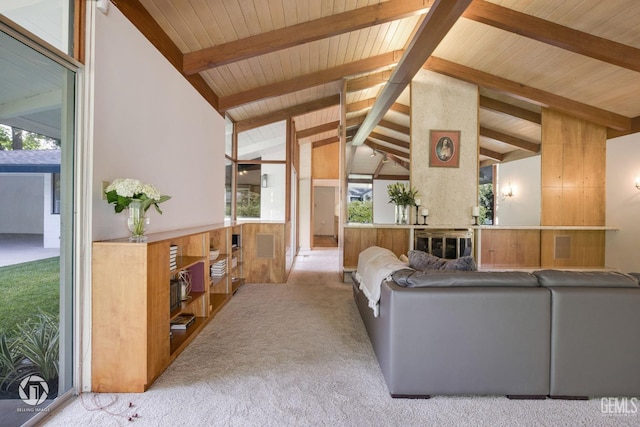 2221 Myrtle St, Bakersfield, CA 93301 - carpeted living area with wood ceiling and lofted ceiling with beams