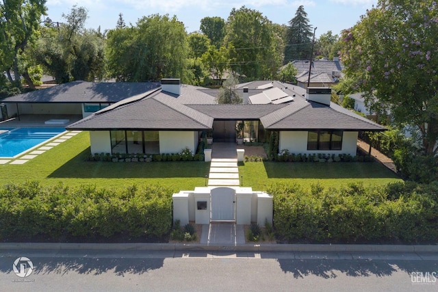 2221 Myrtle St, Bakersfield, CA 93301 - view of front of house with a shingled roof, a fenced front yard, a front yard, an outdoor pool, and a gate