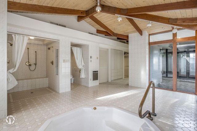 2221 Myrtle St, Bakersfield, CA 93301 - full bathroom with tile patterned floors, tiled shower, lofted ceiling with beams, and wooden ceiling