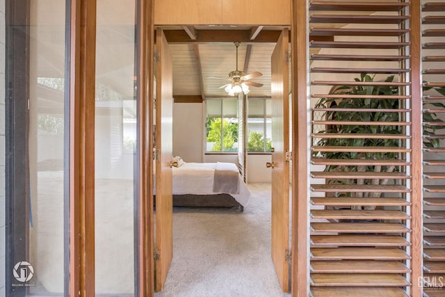 2221 Myrtle St, Bakersfield, CA 93301 - hall with beam ceiling, wooden ceiling, and carpet floors