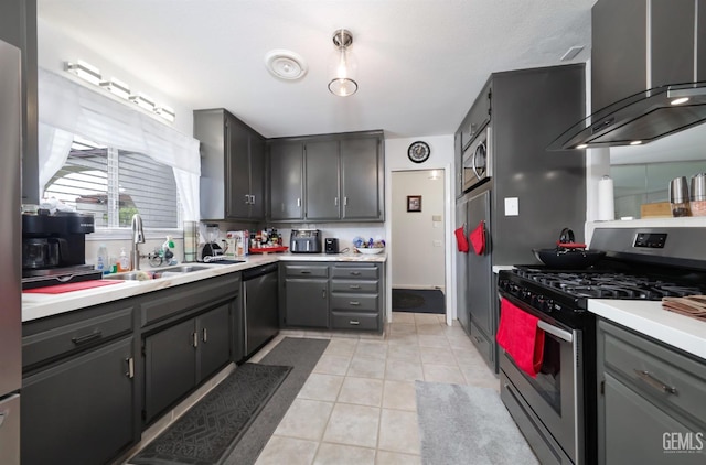 109 Bermuda St, Bakersfield, CA 93309 - kitchen featuring appliances with stainless steel finishes, wall chimney exhaust hood, a sink, and light countertops