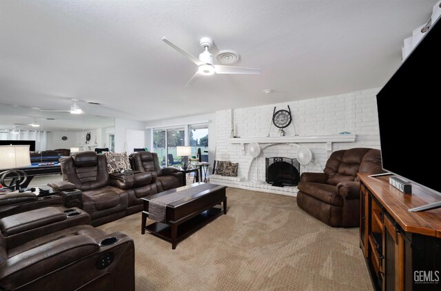 109 Bermuda St, Bakersfield, CA 93309 - carpeted living room featuring ceiling fan and a fireplace