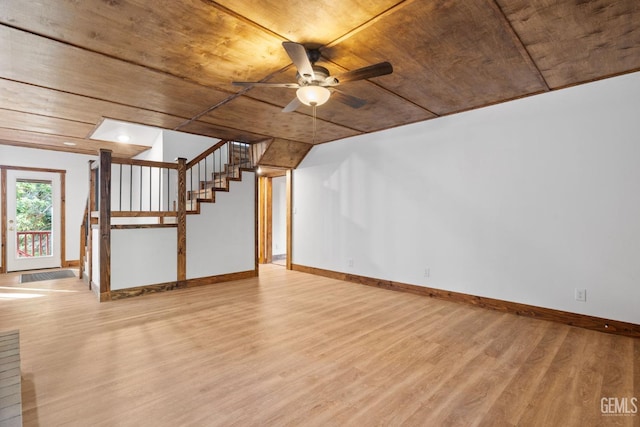 basement with light wood-type flooring, ceiling fan, and wooden ceiling