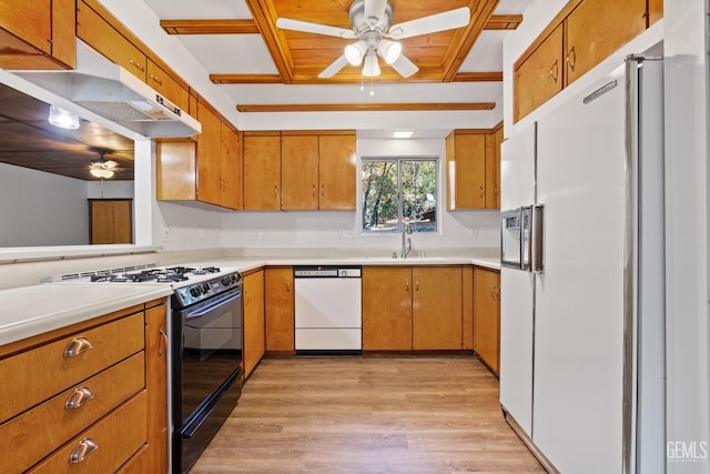 kitchen with ceiling fan, sink, light hardwood / wood-style floors, and white appliances