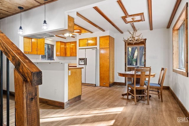 kitchen with kitchen peninsula, ceiling fan with notable chandelier, white refrigerator with ice dispenser, pendant lighting, and light hardwood / wood-style flooring