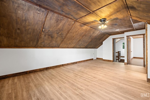 additional living space featuring ceiling fan, light wood-type flooring, wooden ceiling, and lofted ceiling