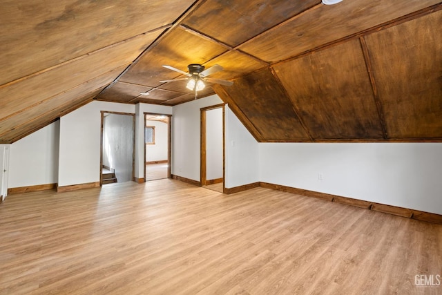 bonus room with ceiling fan, wooden ceiling, and light hardwood / wood-style floors