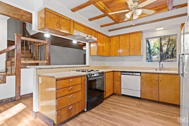 kitchen featuring kitchen peninsula, light wood-type flooring, white appliances, ceiling fan, and sink