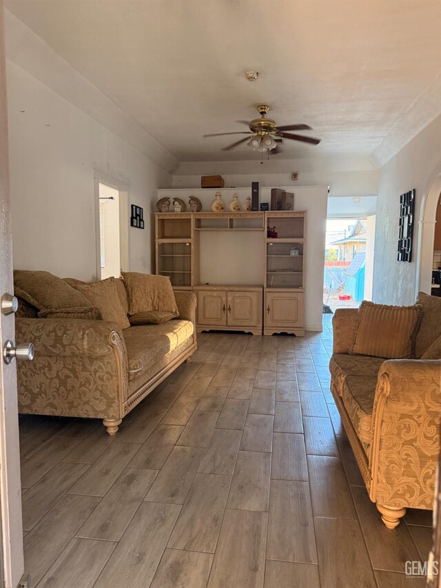 1107 Monterey St, Bakersfield, CA 93305 - living area with wood finished floors and ceiling fan