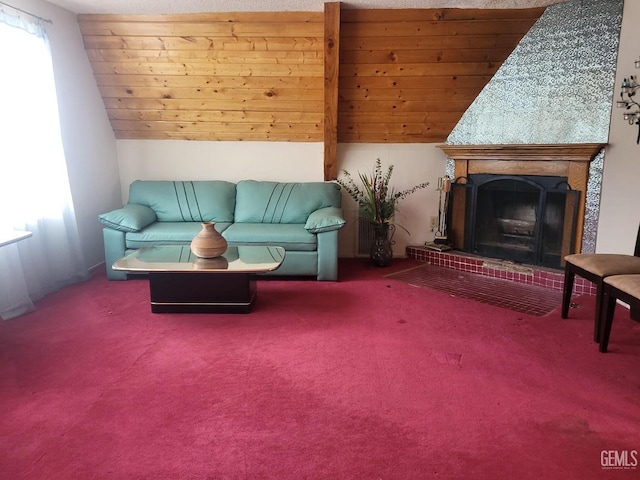 living room with a fireplace with raised hearth, carpet, and lofted ceiling