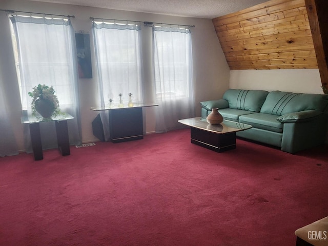 living area with a textured ceiling and carpet floors
